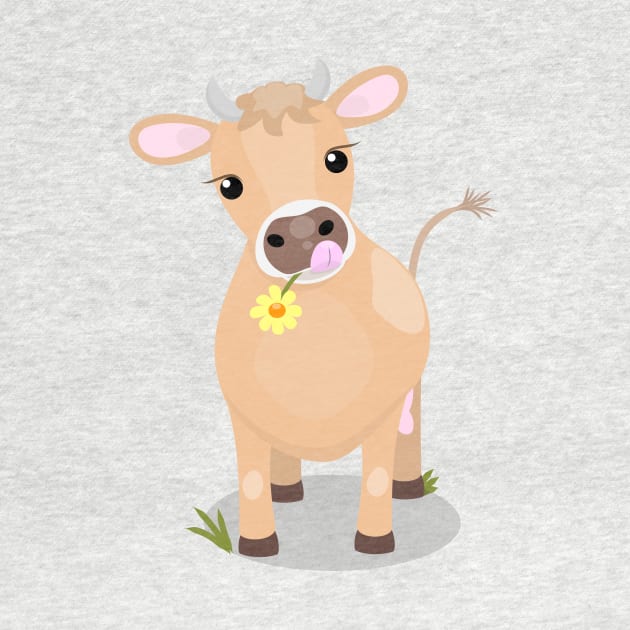 Cute happy jersey cow and flower cartoon by FrogFactory